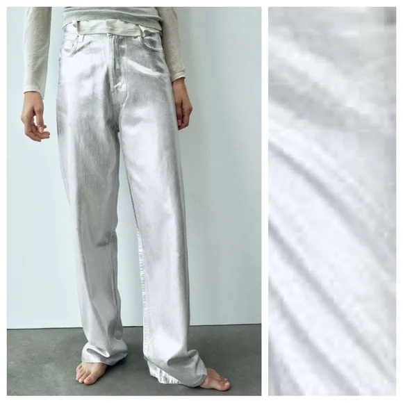 NWT. Zara TRF Metallic Effect High-Waisted Jeans. Size 12, 14. - Picture 4 of 12